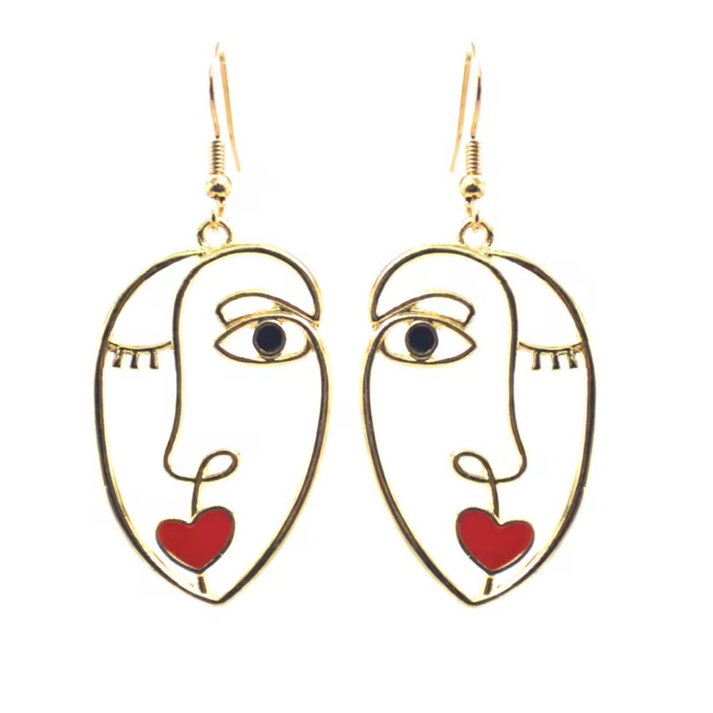Abstract Face Gold and Red Earrings